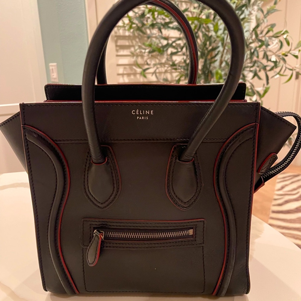 Celine Micro Luggage in Black with Deep Red Trim